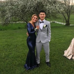 Full length long sleeve sequin prom dress